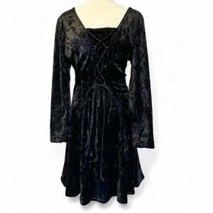 Vintage City Triangles Black Velvet Lace-Up Back Dress Goth Grunge 90’s